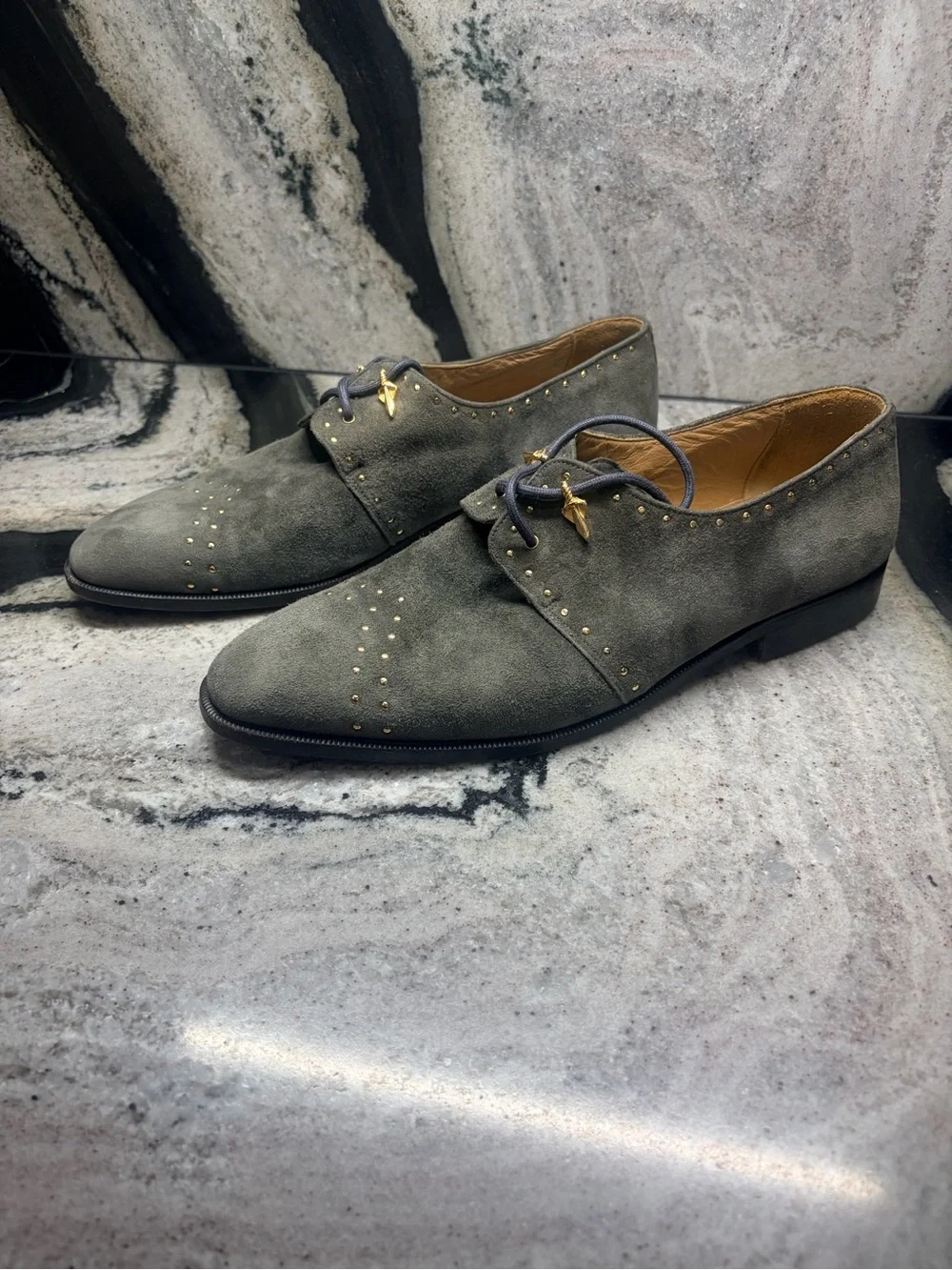 Fratelli Italy Charcoal Gray Suede Gold Stud Derby Shoes Men’s 9.5